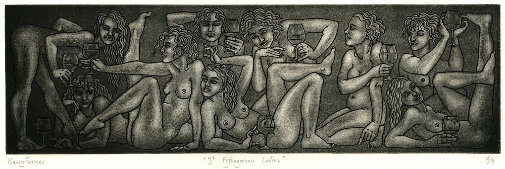 3² Pythagorean Ladies - etching print by Nancy Farmer