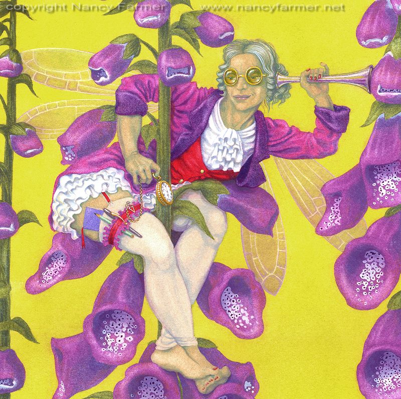 'Digitalis purpurea, the Foxglove Fairy' - painting in gouache by Nancy Farmer