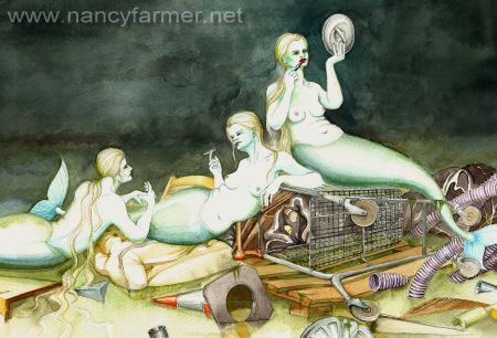 Three Mermaids and a Shopping Trolley - painting by Nancy Farmer