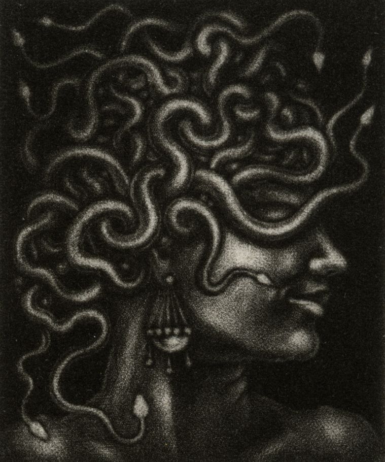 mezzotint print by Nancy Farmer: 'Head of Medusa, still attached'
