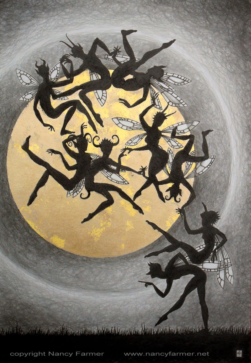 'Mad September Moon Dance' - drawing in pencil and gold leaf by Nancy Farmer