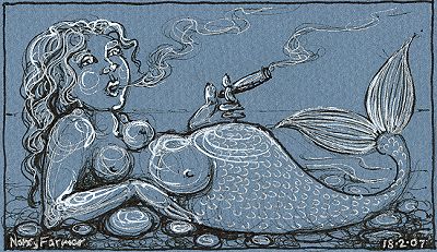 Permanent Sketch 15: Mermaid with a Fat Cigar - drawing by nancy Farmer