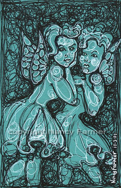 Permanent Sketch 41: Two Fairies in Party Frocks - close-up of drawing