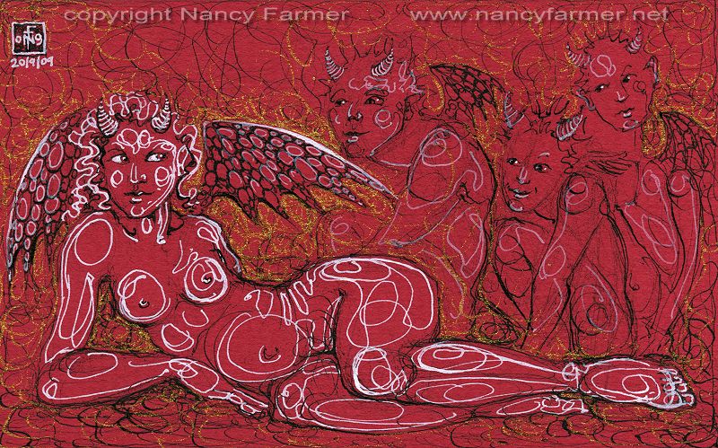 Permanent Sketch 59: She-Devil with Admirers - drawing by nancy Farmer