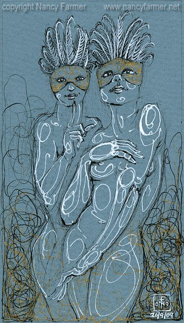 Permanent Sketch 60: Two Masked Nudes - drawing by nancy Farmer