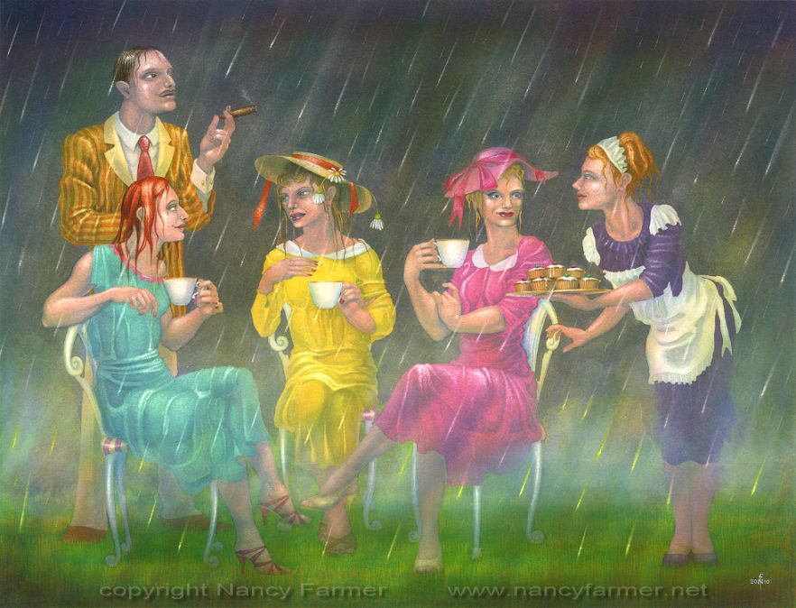 Tea on the Lawn - painting in gouache by Nancy Farmer