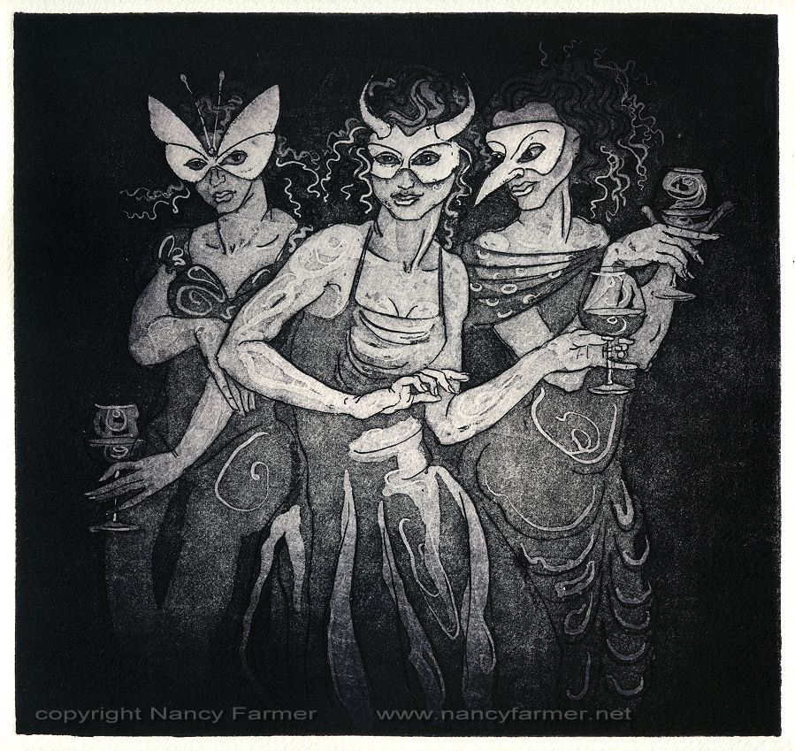 Three Masked Girls - etching print