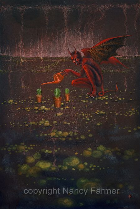 (Satan) Watering the Pot Plants - demonic painting by Nancy Farmer